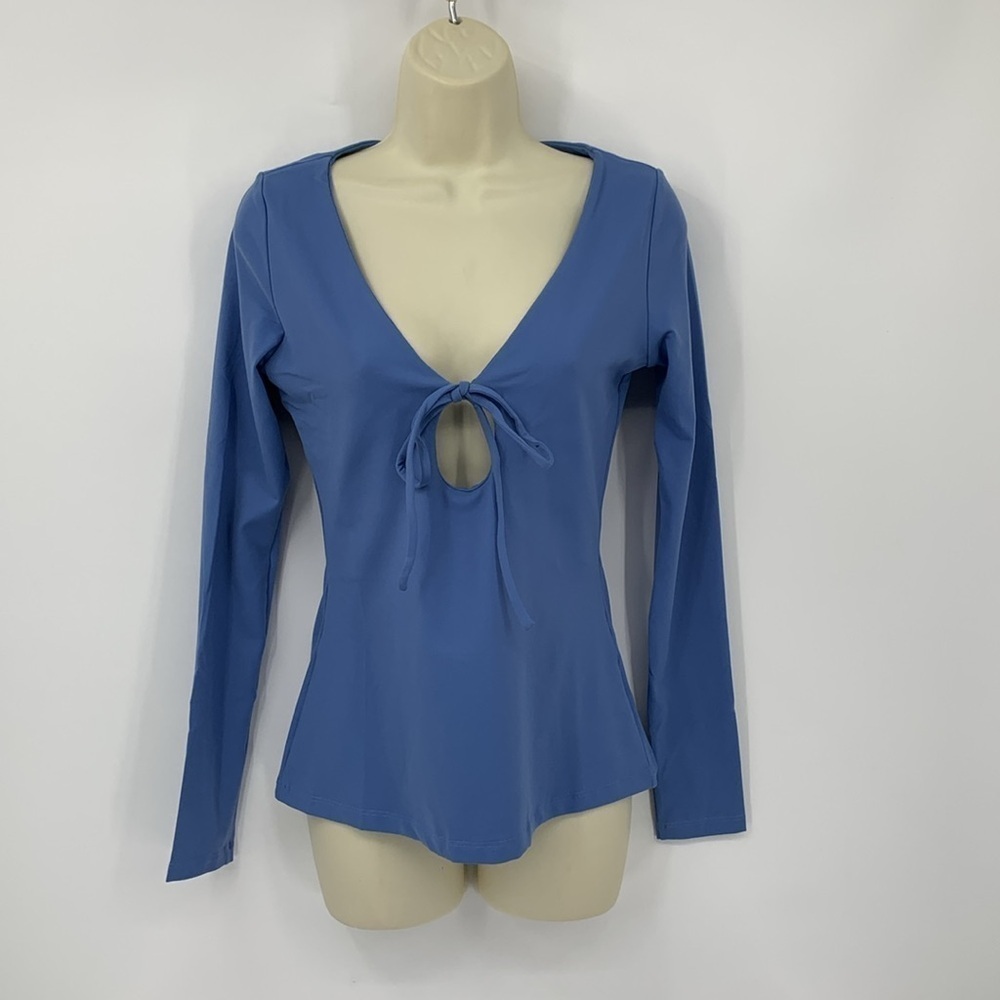 Susana Monaco tie circle jersey knit top shirt blouse cornflower blue new Small